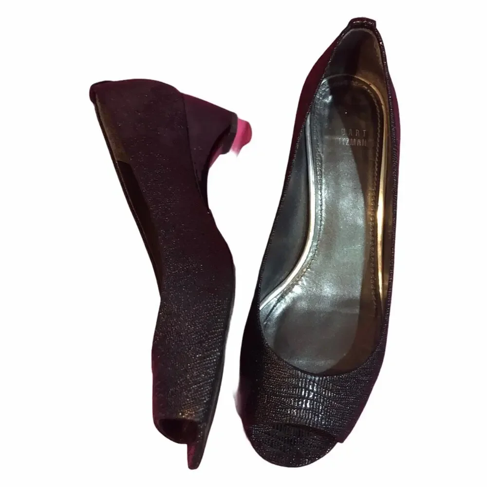 Stuart Weitzman Tofu Peep Toe Wedge Black 8.5 EUC